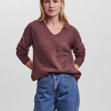 Women’s soft heather wine knit sweater with long sleeves and flattering V-neck for versatile everyday wear.