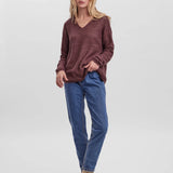Women’s relaxed-fit burgundy knit pullover with V-neckline for smart casual, weekend, and everyday outfits.