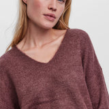 Women’s wine red V-neck knit sweater featuring a relaxed silhouette and lightweight knit for effortless everyday style.