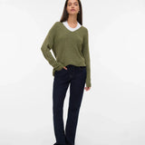 Women’s olive green V-neck sweater with relaxed fit and long sleeves for chic casual fall and winter outfits.