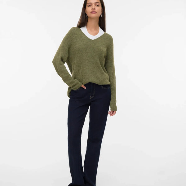 Women’s olive green V-neck sweater with relaxed fit and long sleeves for chic casual fall and winter outfits.