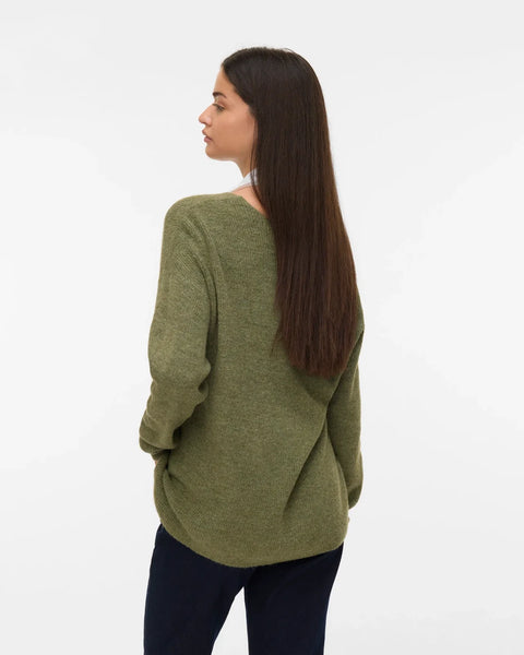 Women’s casual olive V-neck pullover knit sweater for minimalist fall and winter wardrobe essentials.