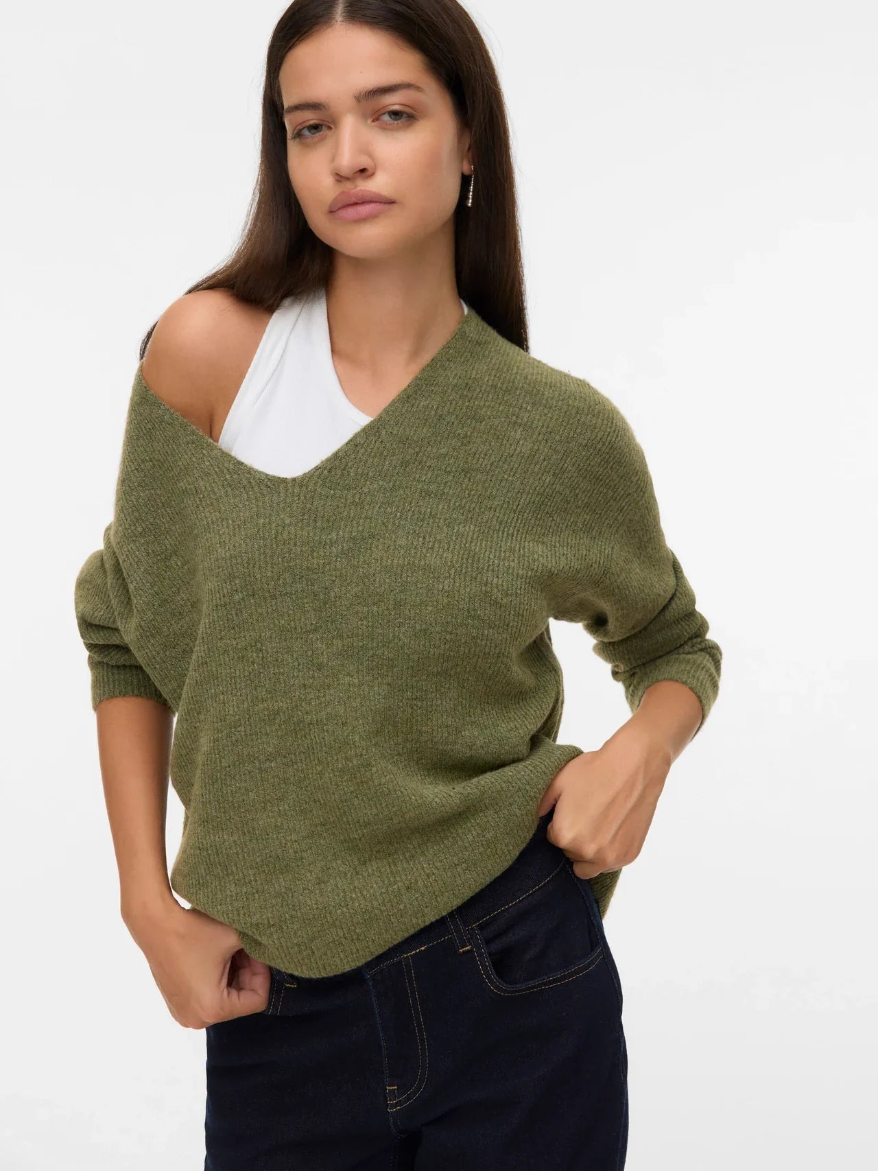 Women’s green V-neck knit sweater featuring a relaxed silhouette and ribbed trim for effortless everyday style.
