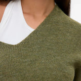 Women’s olive green knit sweater with V-neckline for chic casual outfits with jeans and trousers.