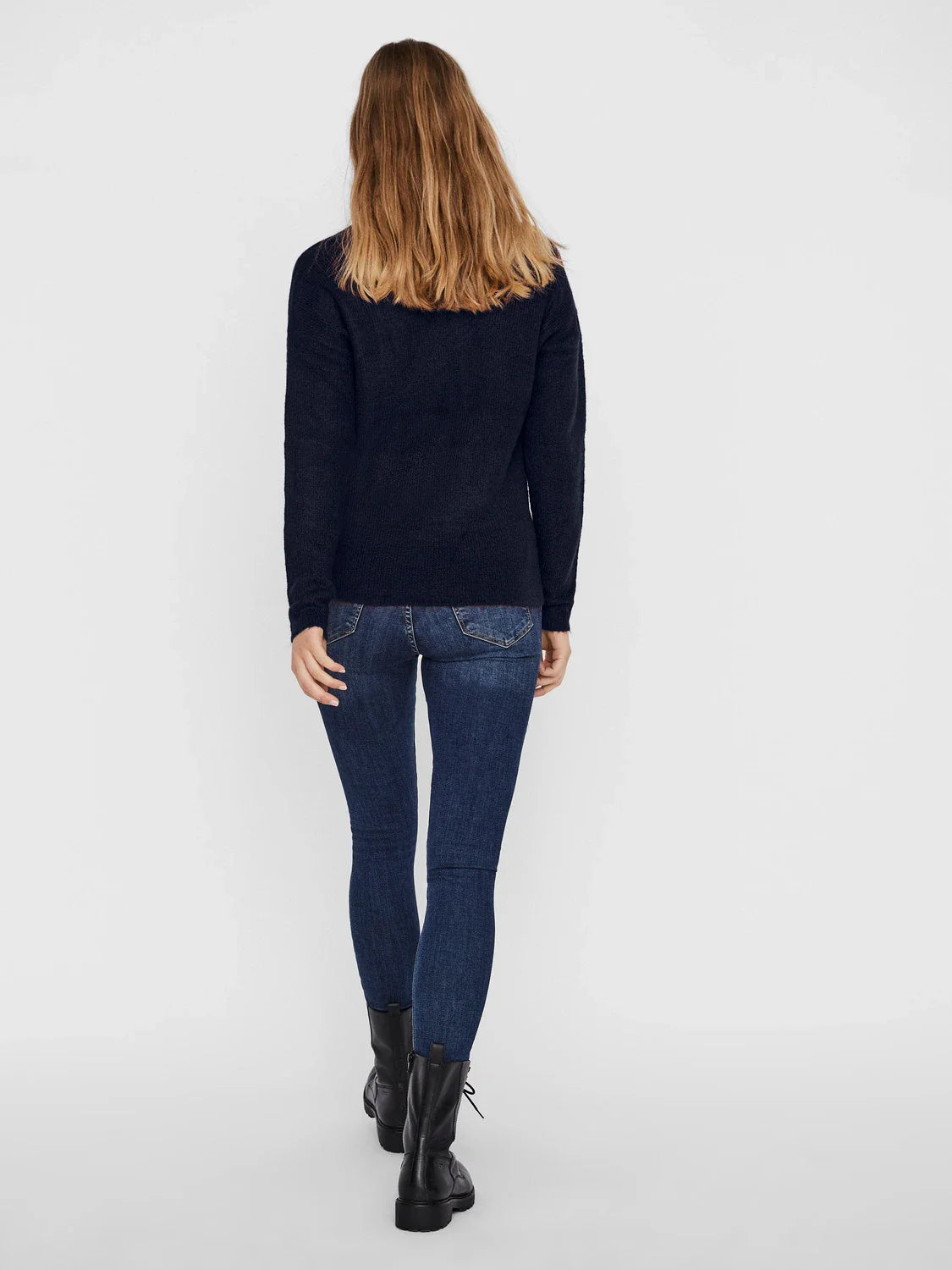 Women's classic navy blue fuzzy pullover with long sleeves and V-neckline for capsule wardrobes, casual layering and smart everyday style.