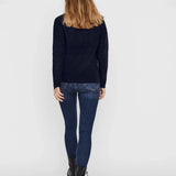 Women's classic navy blue fuzzy pullover with long sleeves and V-neckline for capsule wardrobes, casual layering and smart everyday style.