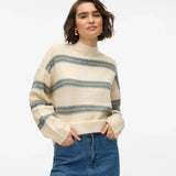 Cozy striped mock neck sweater in cream and grey with relaxed silhouette and effortless casual style.