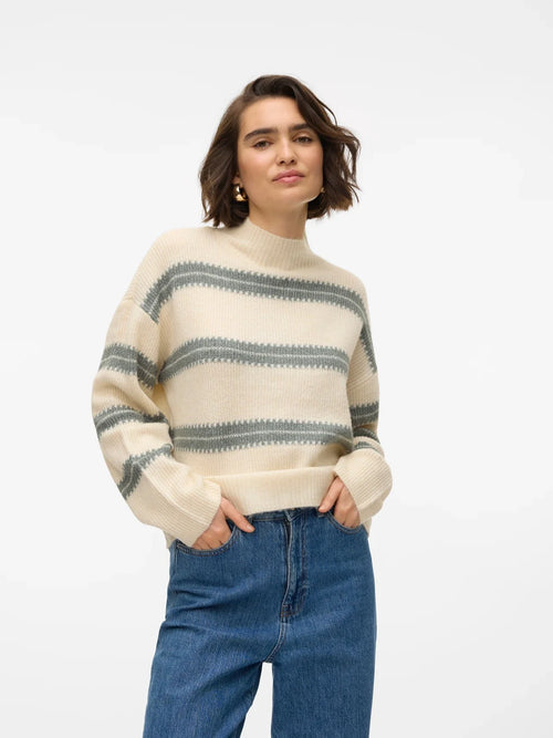 Cozy striped mock neck sweater in cream and grey with relaxed silhouette and effortless casual style.