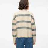 Contemporary cream and grey striped sweater with relaxed fit and chic effortless boutique style.