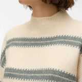 Women’s cozy mock neck pullover with subtle stripe pattern and elevated everyday fashion versatility.