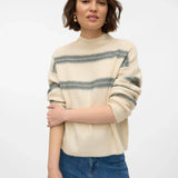 Chic neutral striped sweater with soft-touch knit texture and effortless off-duty outfit styling.