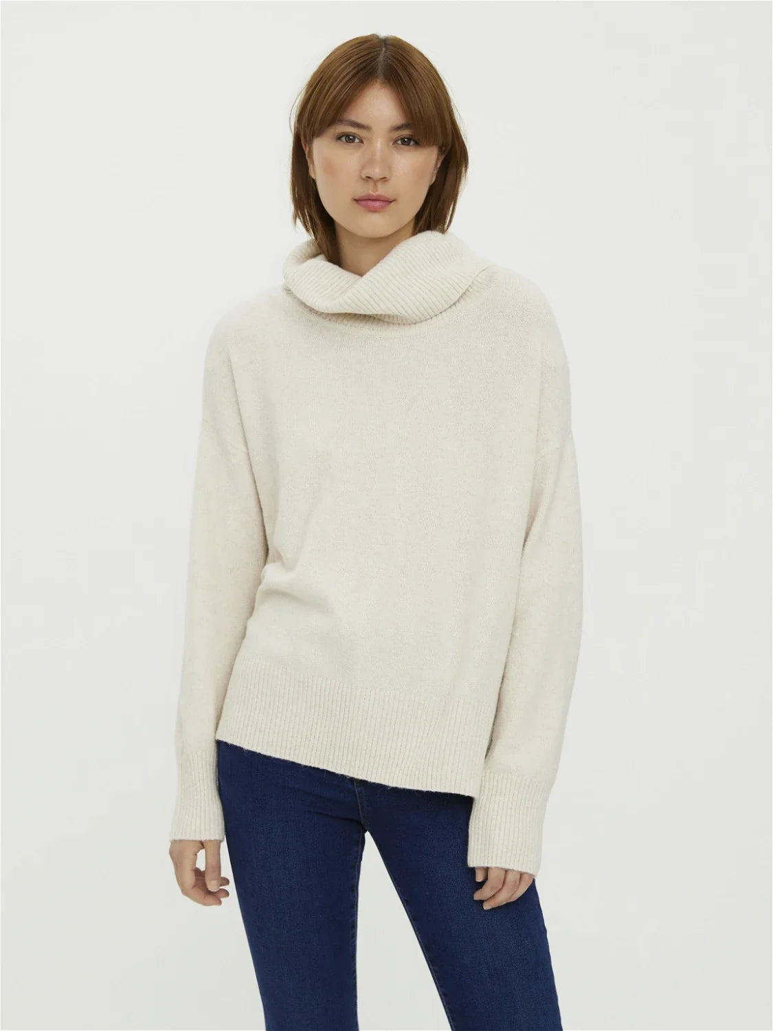 Chic ivory cowl neck knit sweater featuring soft-touch fabric and relaxed contemporary boutique fashion appeal.