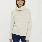 Chic ivory cowl neck knit sweater featuring soft-touch fabric and relaxed contemporary boutique fashion appeal.
