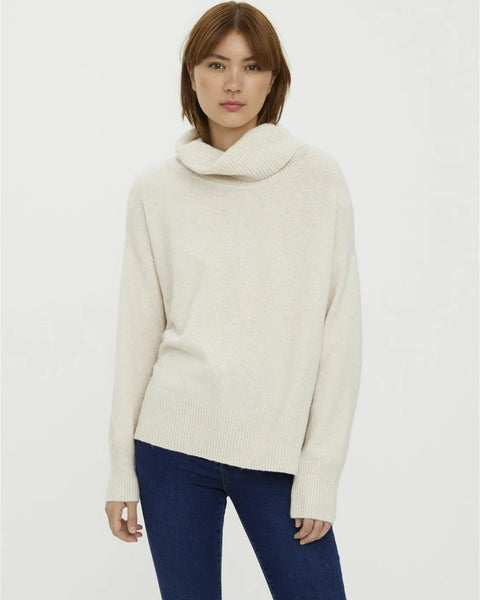 Chic ivory cowl neck knit sweater featuring soft-touch fabric and relaxed contemporary boutique fashion appeal.