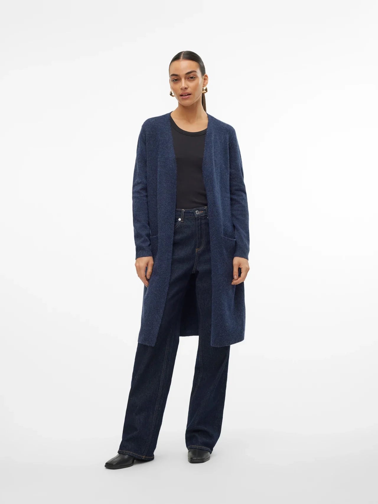 Chic navy blue knit duster with open front styling and cozy luxe boutique fashion aesthetic.