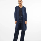 Chic navy blue knit duster with open front styling and cozy luxe boutique fashion aesthetic.