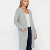 Chic light gray duster cardigan featuring soft knit fabric and relaxed modern boutique fashion appeal.