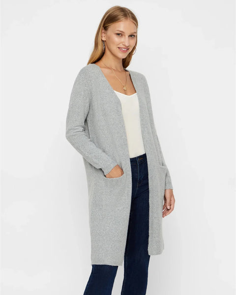 Chic light gray duster cardigan featuring soft knit fabric and relaxed modern boutique fashion appeal.