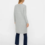 Fashion-forward long gray sweater cardigan with cozy draped fit and elevated off-duty style inspiration.