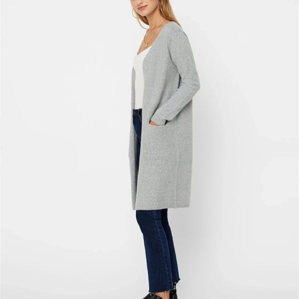 Contemporary longline gray cardigan with lightweight cozy knit and effortless modern women’s fashion.