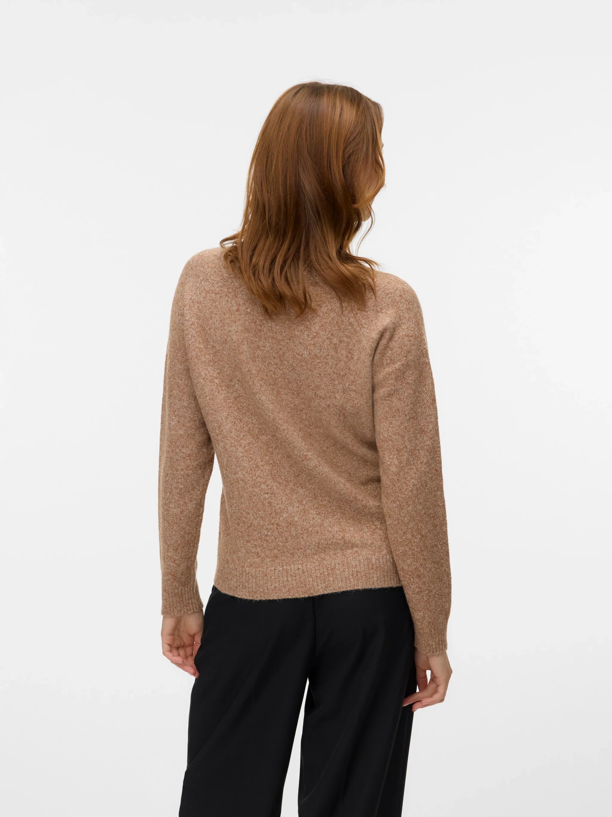Camel brown pullover sweater for women with long sleeves and ribbed trim for chic neutral outfits and capsule wardrobes.