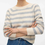 Cozy women’s striped knit sweater with ribbed cuffs and soft fabric for fall and winter layering outfits.