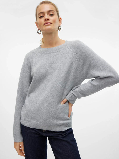 Women’s soft-touch gray sweater featuring classic round neckline and comfortable relaxed knit silhouette.
