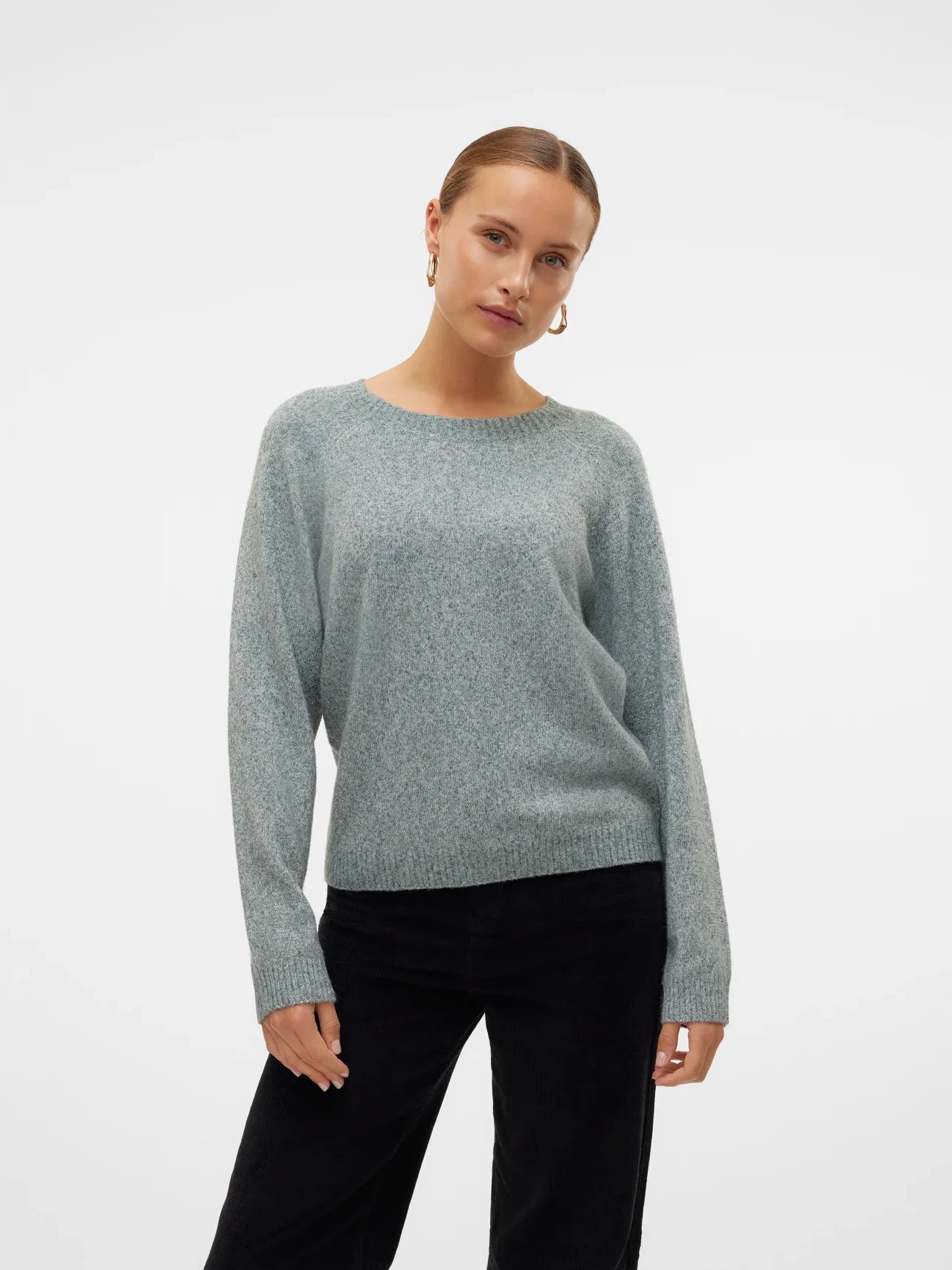 Boutique women's balsam green knit pullover with classic crew neck and relaxed silhouette for smart casual outfits.