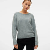 Boutique women's balsam green knit pullover with classic crew neck and relaxed silhouette for smart casual outfits.