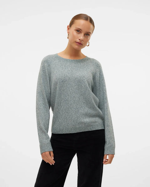 Boutique women's balsam green knit pullover with classic crew neck and relaxed silhouette for smart casual outfits.