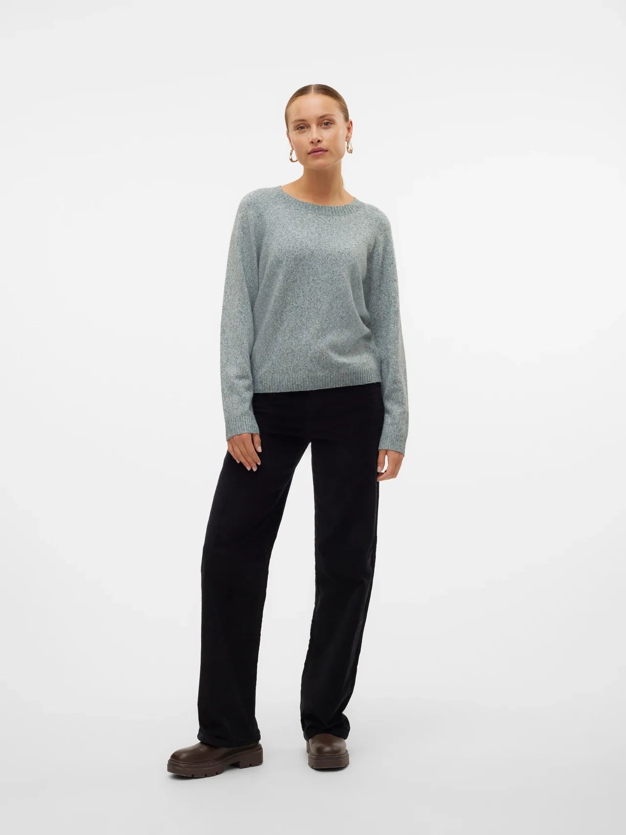 Women's balsam green pullover sweater featuring a classic round neckline and ribbed trim for effortless casual styling.
