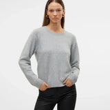 Women's minimalist grey crew neck sweater with ribbed cuffs and hem for a timeless capsule wardrobe essential.