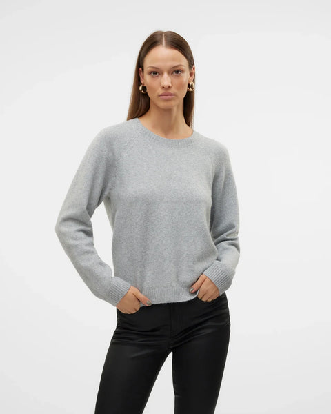 Women's minimalist grey crew neck sweater with ribbed cuffs and hem for a timeless capsule wardrobe essential.