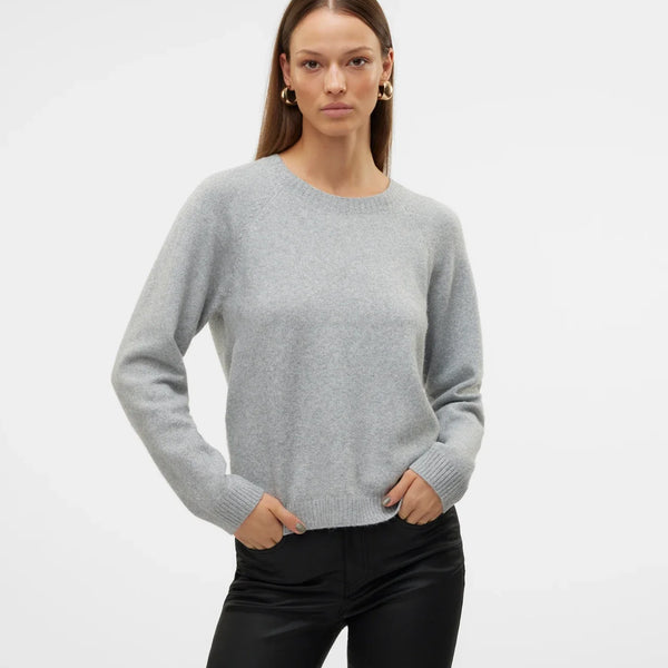 Women's minimalist grey crew neck sweater with ribbed cuffs and hem for a timeless capsule wardrobe essential.