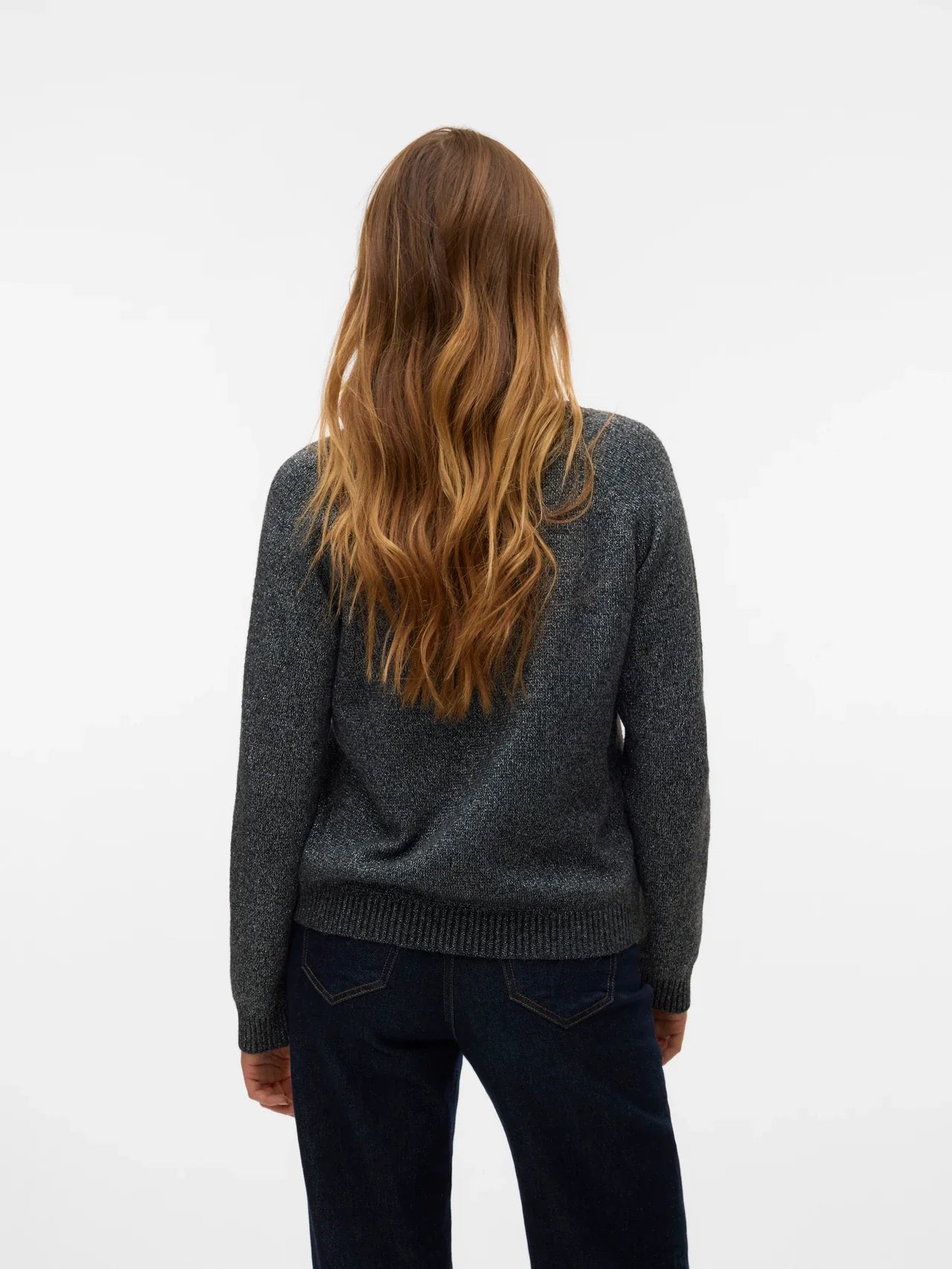 Women's minimalist charcoal grey knit pullover with ribbed neckline, cuffs and hem for elevated everyday wear.