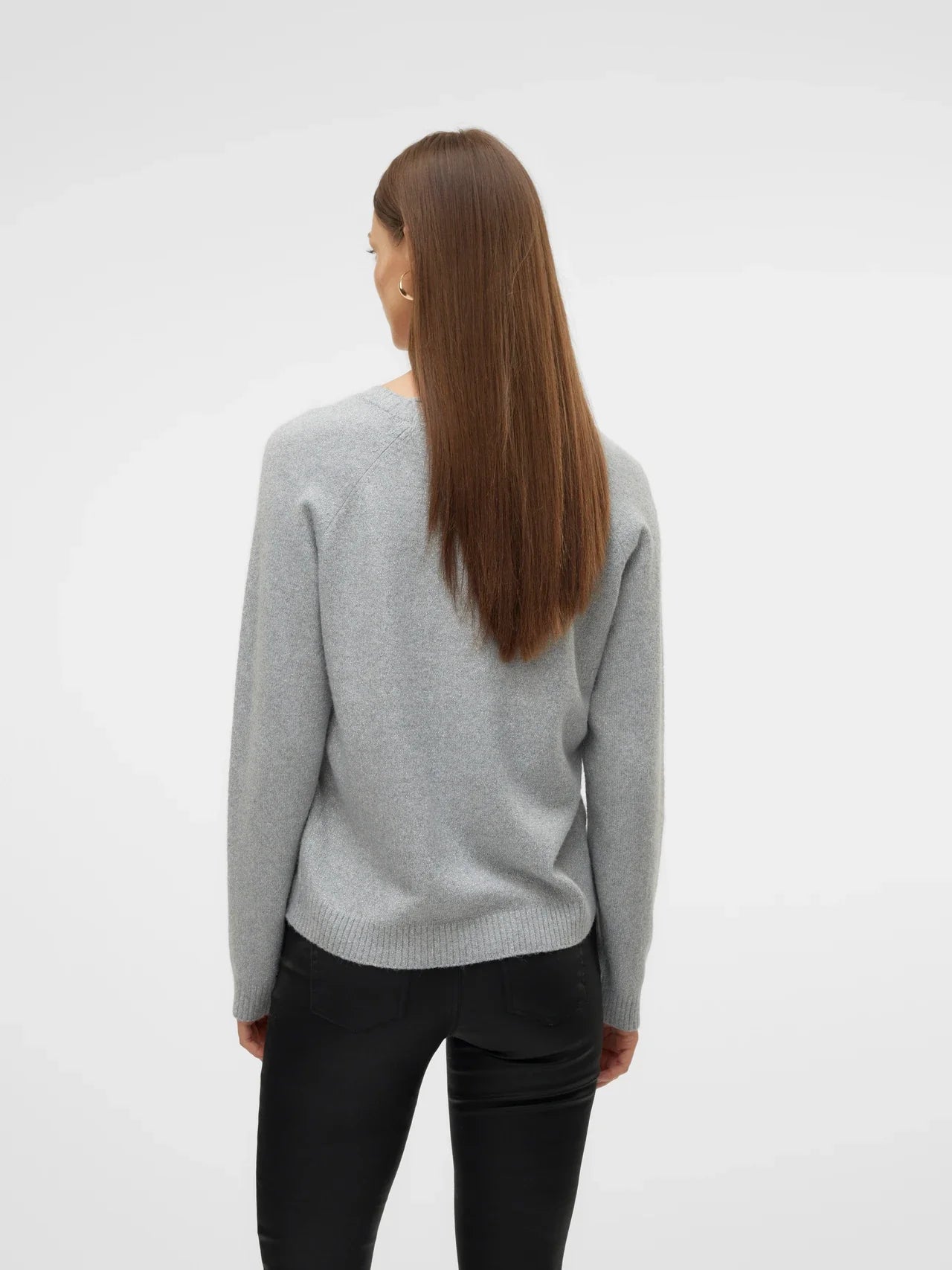 Women's classic light grey long-sleeve sweater with soft knit texture and ribbed detailing for easy seasonal layering.