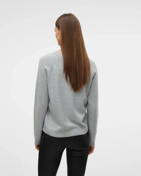 Women's classic light grey long-sleeve sweater with soft knit texture and ribbed detailing for easy seasonal layering.