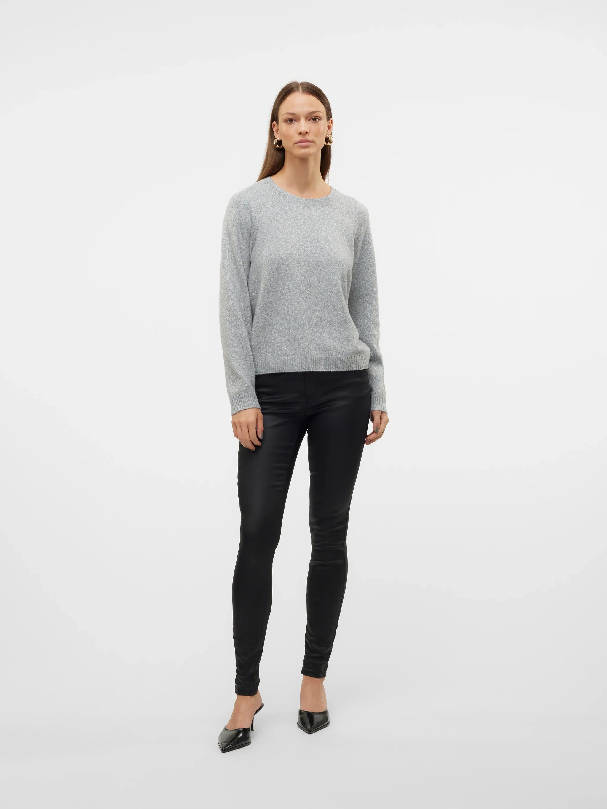Women's timeless grey long-sleeve knit pullover with ribbed neckline, cuffs and hem for elevated everyday layering.