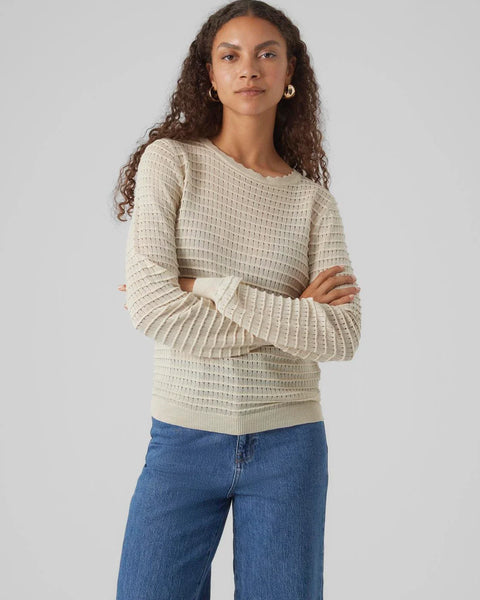Women’s cream long sleeve sweater featuring textured knit pattern and soft stretch fit for timeless wardrobe essentials.