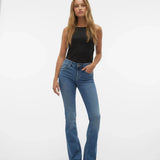 Women’s modern bootcut denim pants featuring slim fit through thighs and softly flared hem for timeless style.
