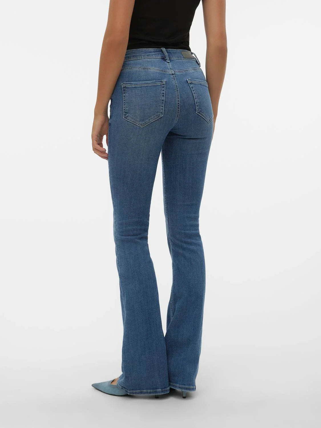Women’s stretch bootcut jeans in light blue denim with flattering silhouette and versatile everyday styling.