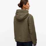 Women’s olive green casual jacket with hood, snap closure, and utility-style pockets for versatile weekend and travel outfits.