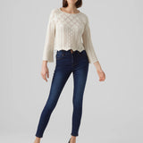 Boutique-style ivory crochet knit sweater with oversized sleeves and trendy soft girl fashion vibe.