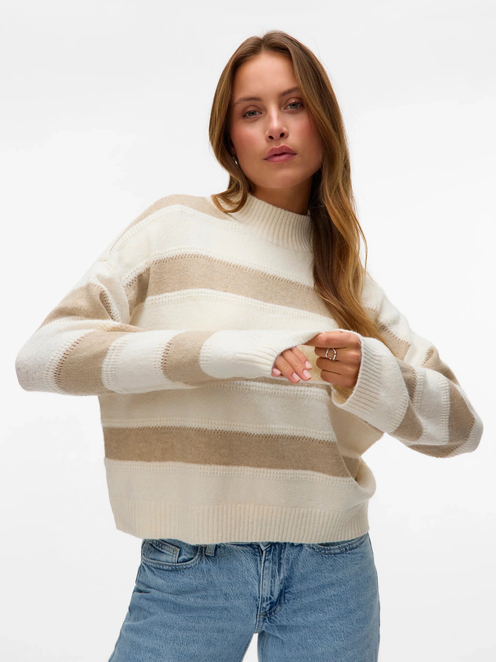 Women’s cream and beige striped sweater with mock neck, relaxed fit, and long sleeves for chic casual fall and winter outfits.