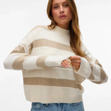 Women’s cream and beige striped sweater with mock neck, relaxed fit, and long sleeves for chic casual fall and winter outfits.
