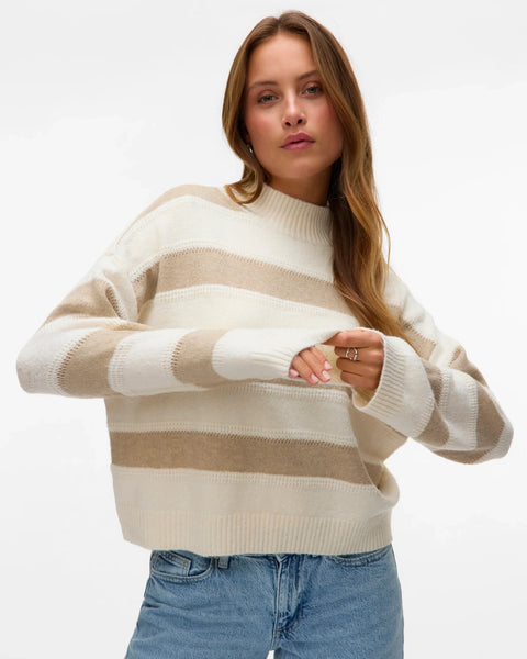 Women’s cream and beige striped sweater with mock neck, relaxed fit, and long sleeves for chic casual fall and winter outfits.