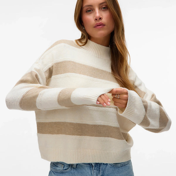 Women’s cream and beige striped sweater with mock neck, relaxed fit, and long sleeves for chic casual fall and winter outfits.