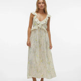 Feminine ruffle-front dress in soft ivory floral print with dreamy resort and vacation-ready aesthetic.