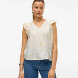 Airy botanical print top with flutter shoulder accents and elegant minimalist bohemian styling.