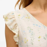 Detail of neckline and shoulders of soft ivory botanical print blouse with ruffled shoulders and effortless casual-luxe fashion appeal.